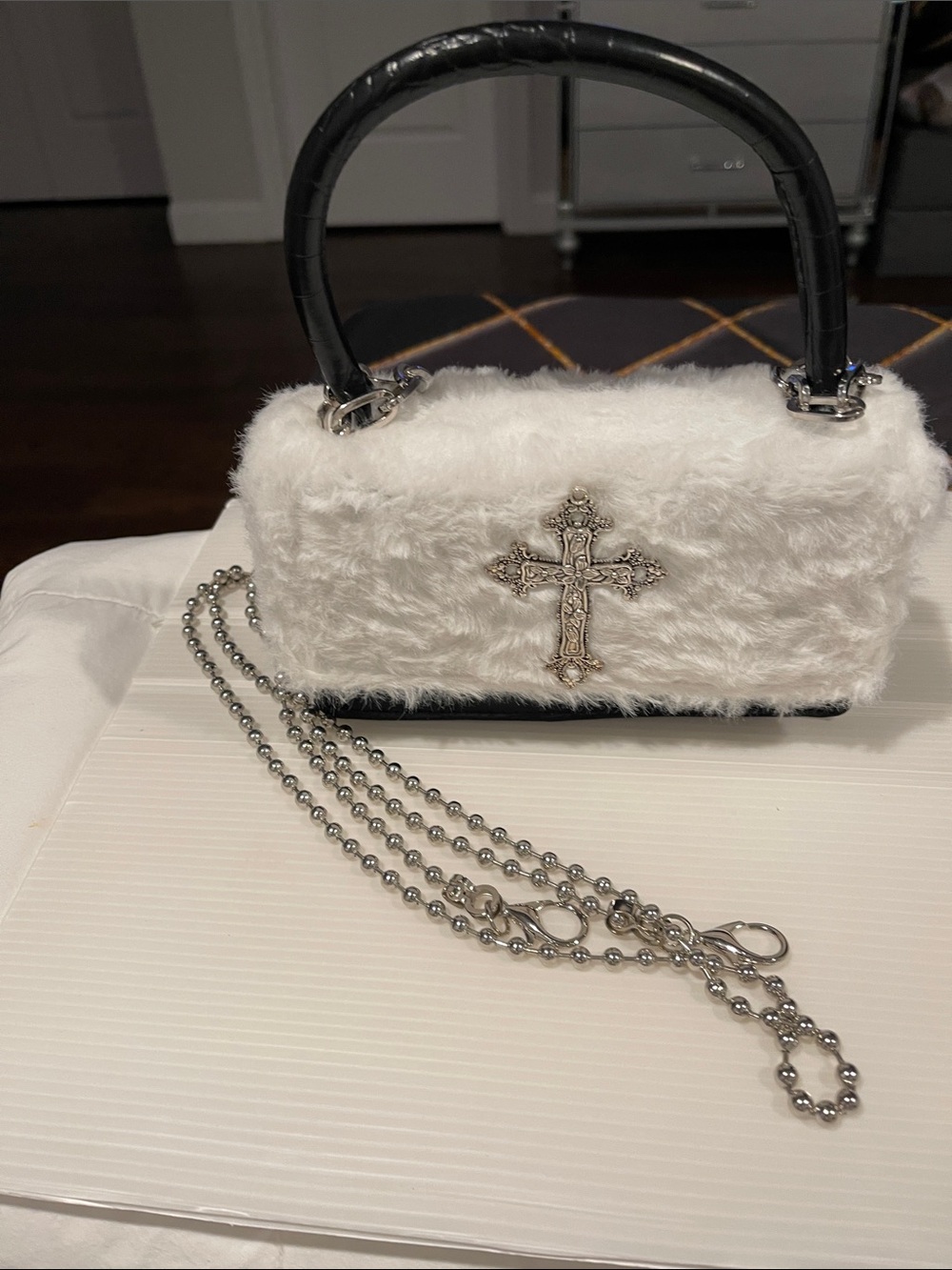 White Faux Fur Mini Top-Handle Bag with Ornate Cross Accent